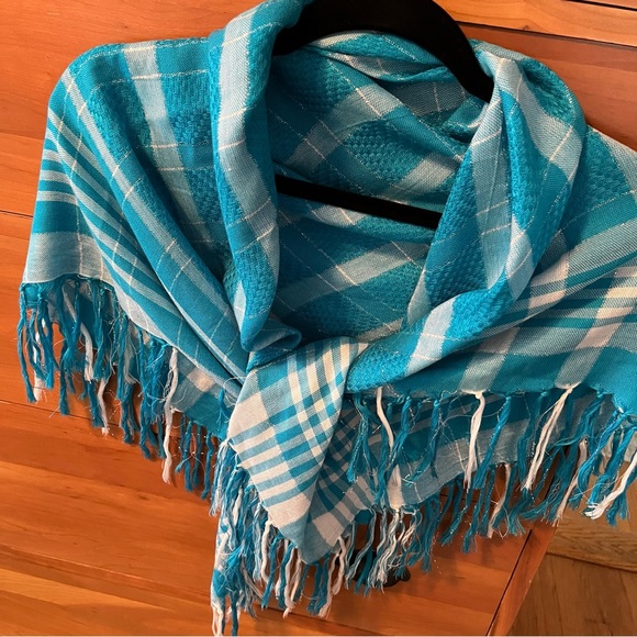 ALDO Square Scarf with Fringe. Aqua Blue, white and Silver Thread. - Picture 3 of 8